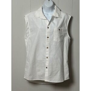 Women's Cotton Linen Sleeveless Button Down Shirt White Pocket Top Size Medium